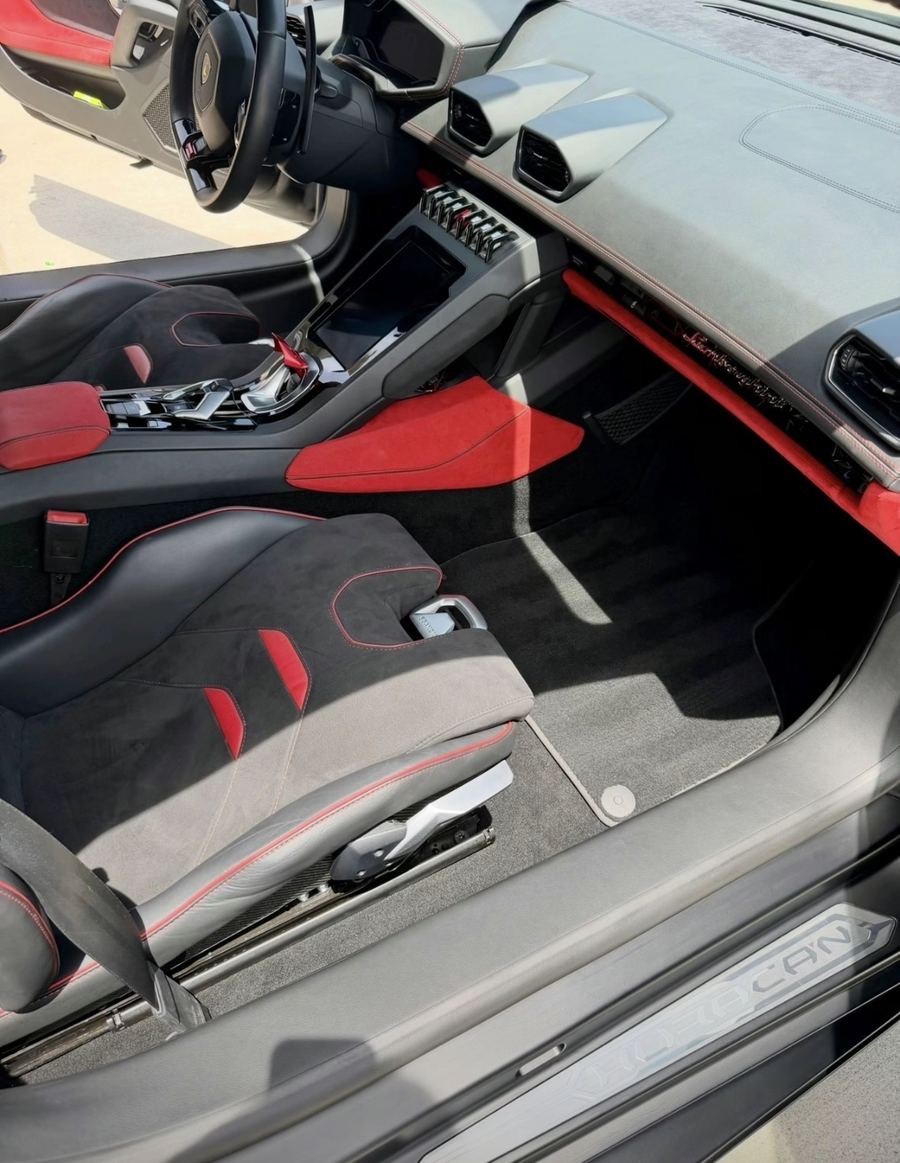Lamborghini Huracan Alcantara and red leather cabin after a full material-specific interior detail