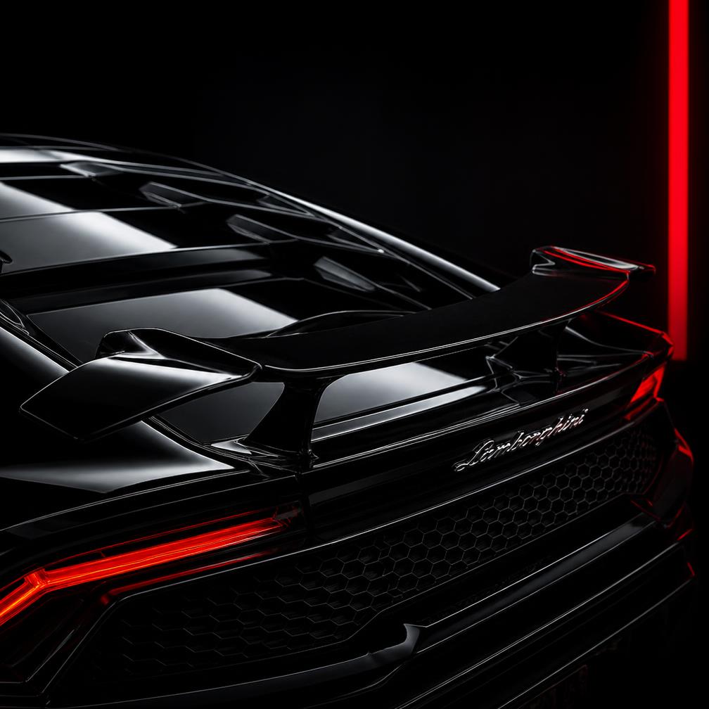 Black Lamborghini rear detail with red accent lighting after luxury detailing