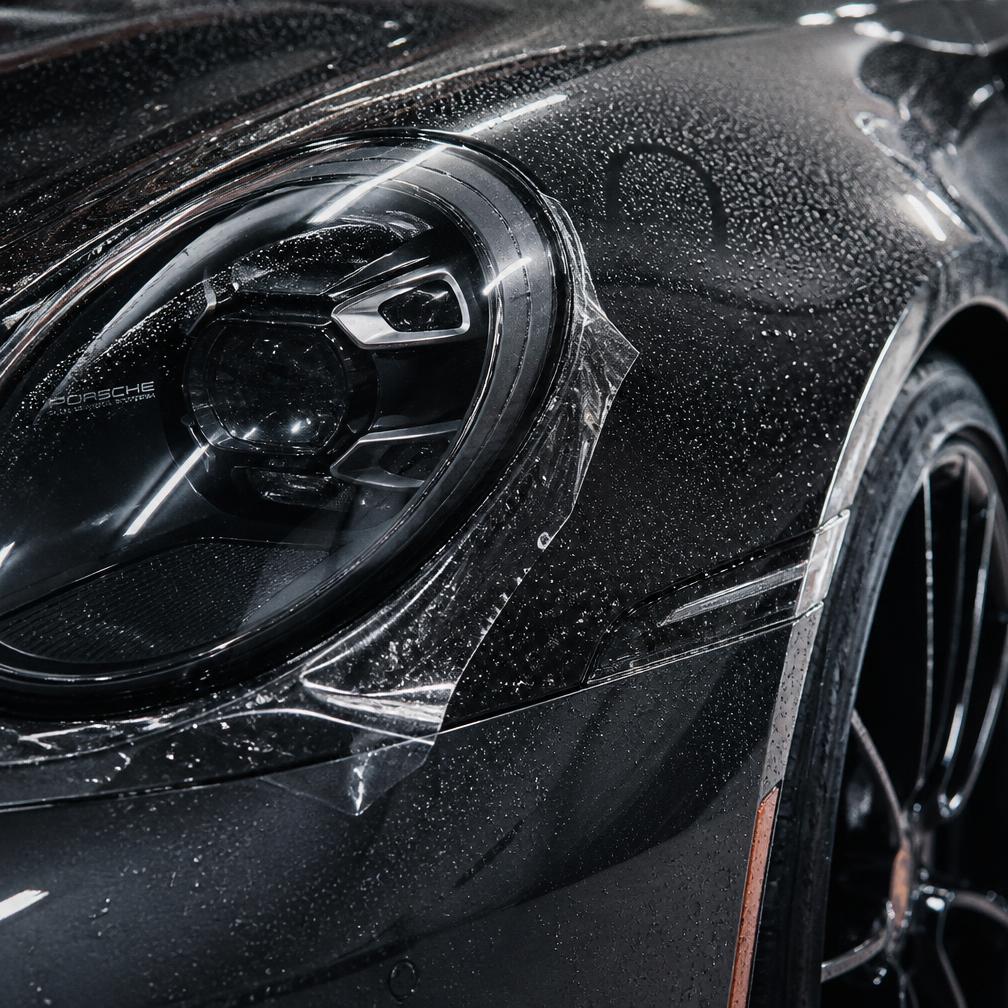 Porsche 911 headlight and fender after ceramic coating, water beading on the surface