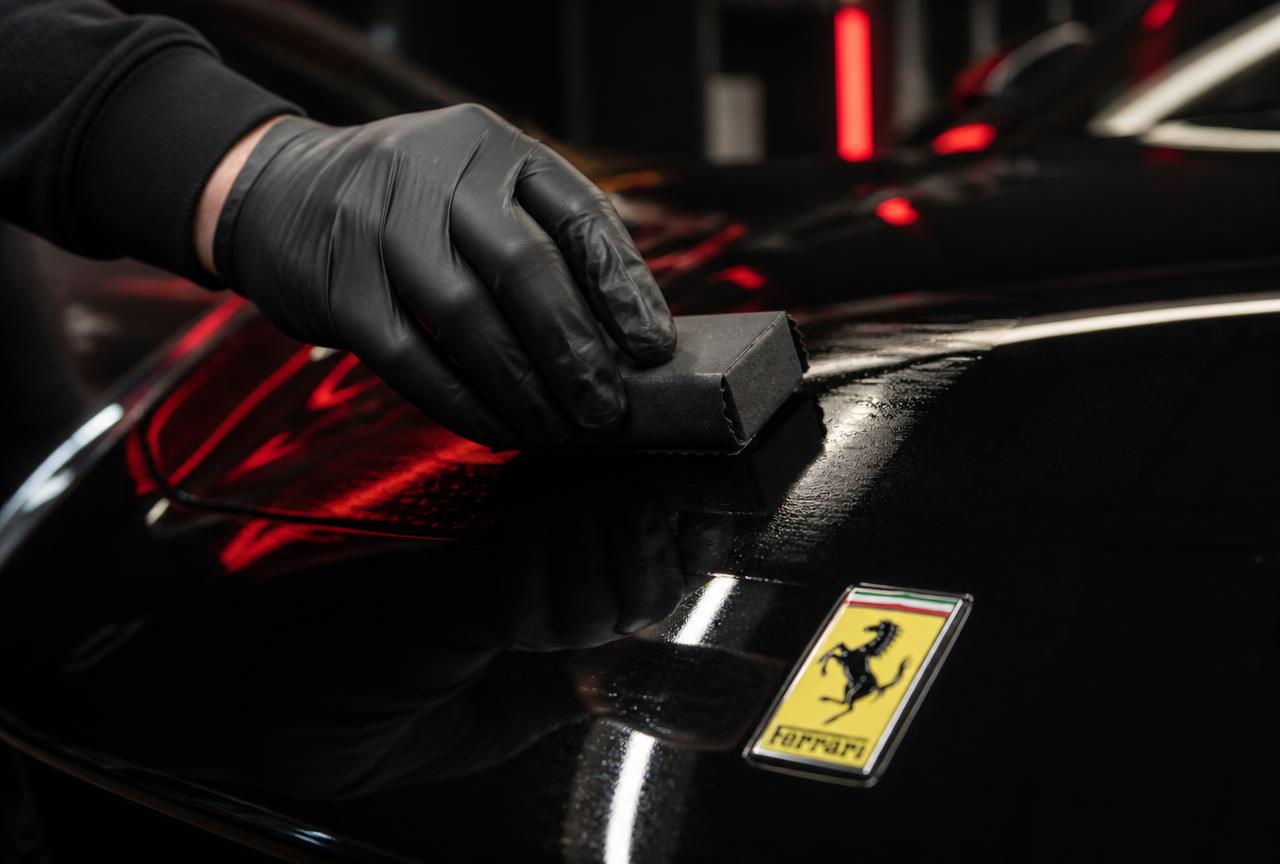 Detailer applying ceramic coating to a black luxury car hood during a booked Austin appointment