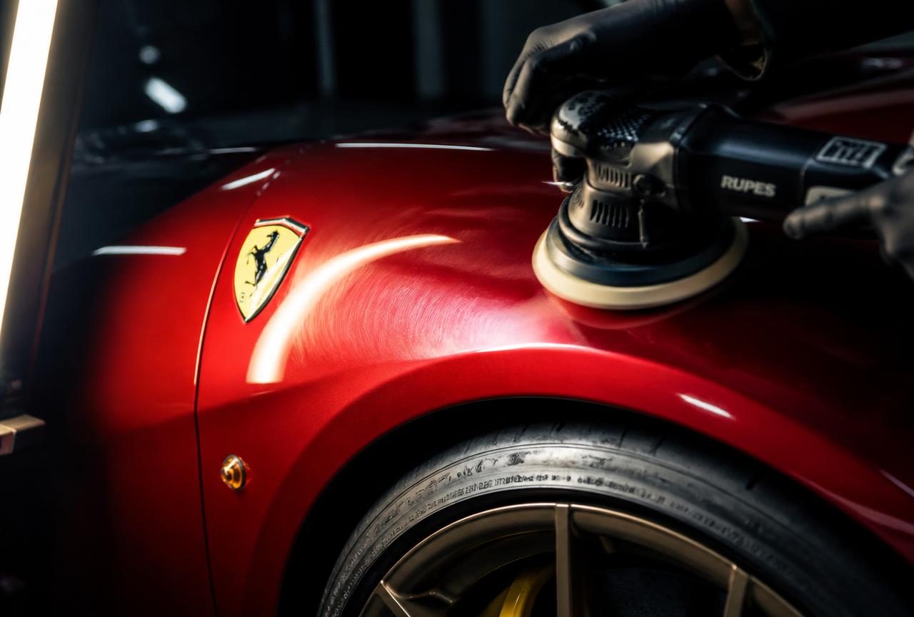 Illustrative reference image of a red sports car fender under inspection lighting during machine polishing