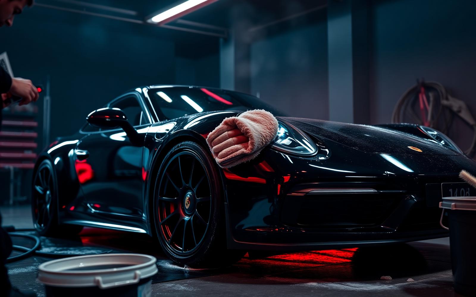 Two-bucket hand wash in progress on a glossy black sports car in a shaded Austin garage