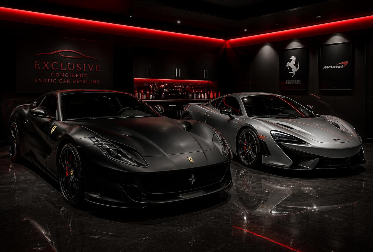 Luxury and performance vehicles in a dark private Austin garage prepared for detailing work