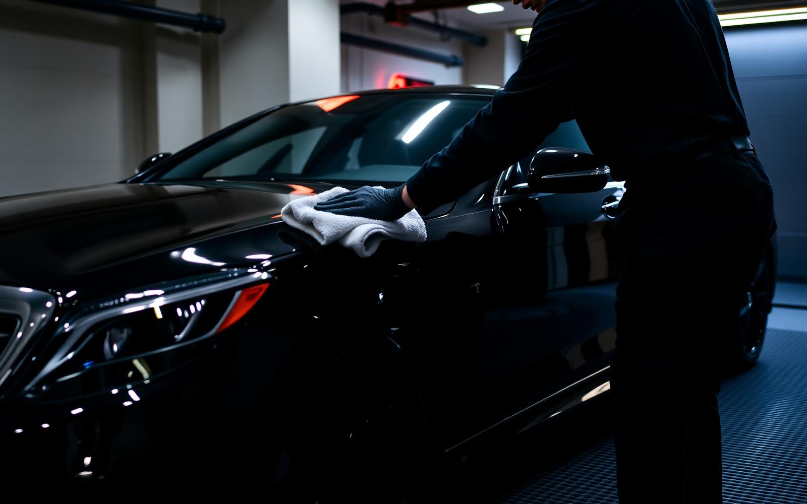 Detailer hand-finishing a glossy black luxury car with a plush microfibre towel