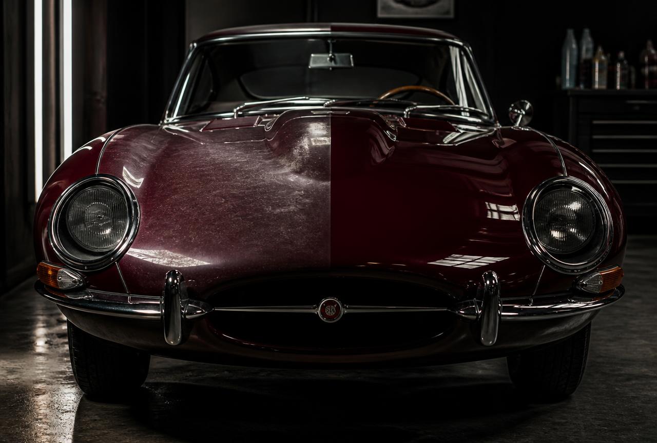 Illustrative reference image of a burgundy classic sports car with oxidised paint on one side and restored gloss on the other